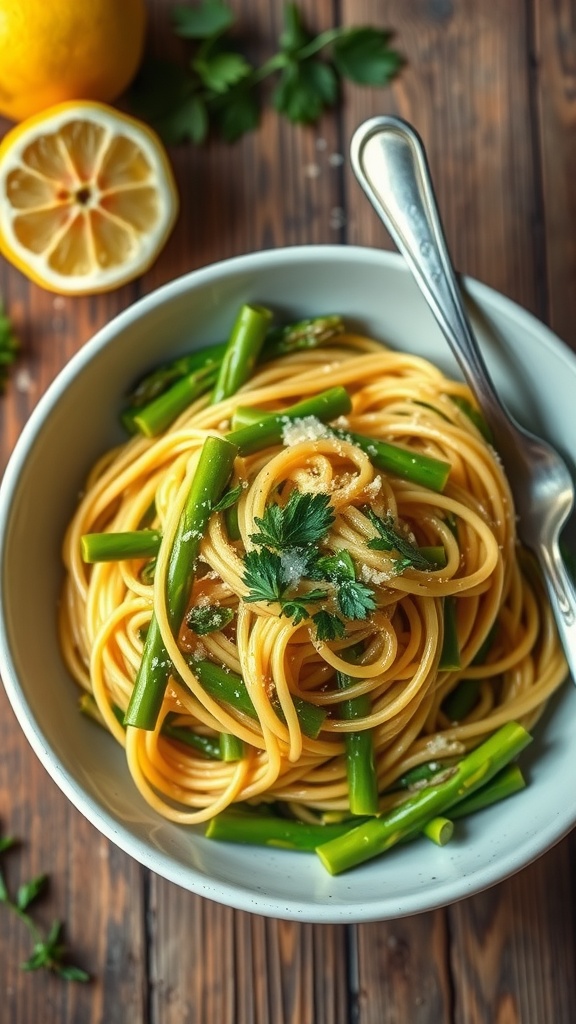 A bowl of Lemon Garlic Asparagus Pasta with asparagus, spaghetti, and parsley on a rustic table.